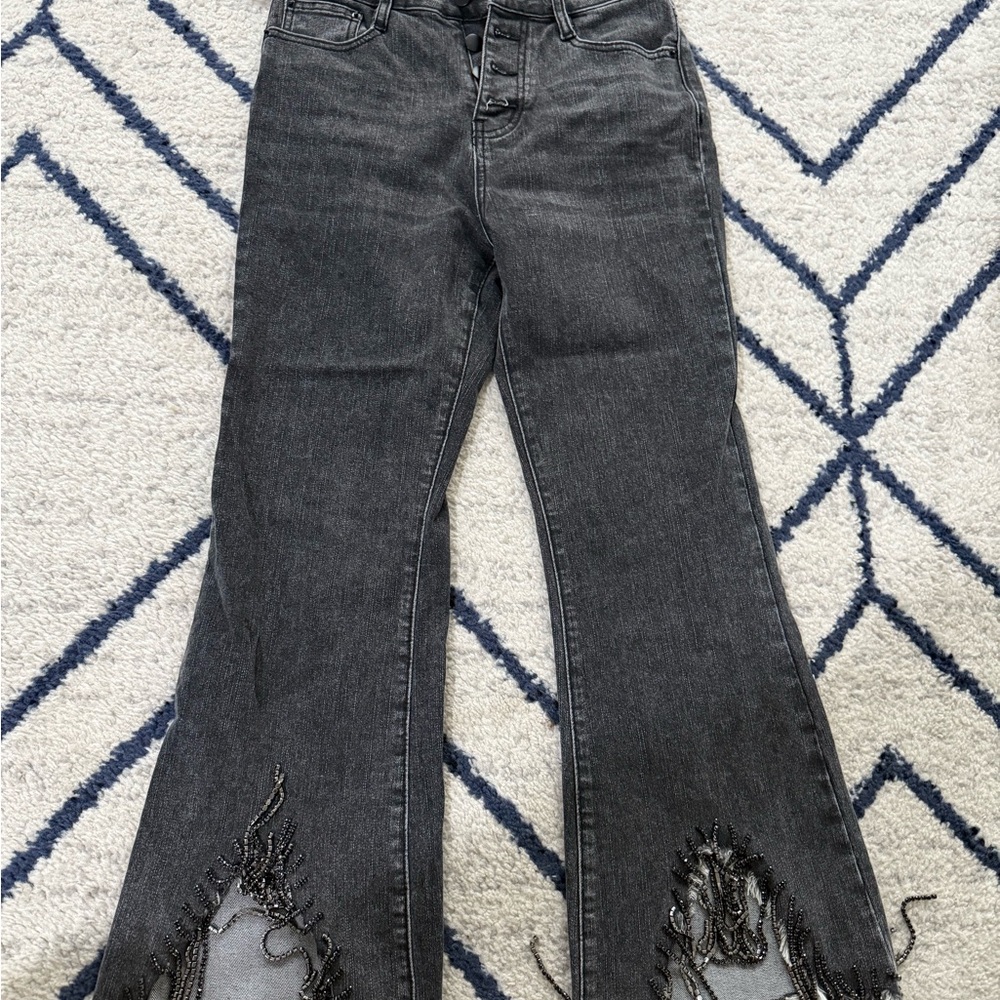 Women's Distressed Black Jeans with Fringe